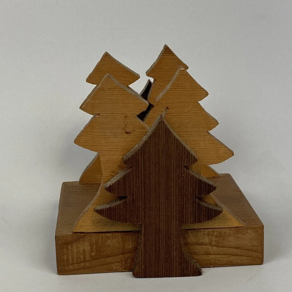 VTG XMAS Pine Tree Wood Folk Art Carved Mail Bills Napkin Holder Kitchen Table